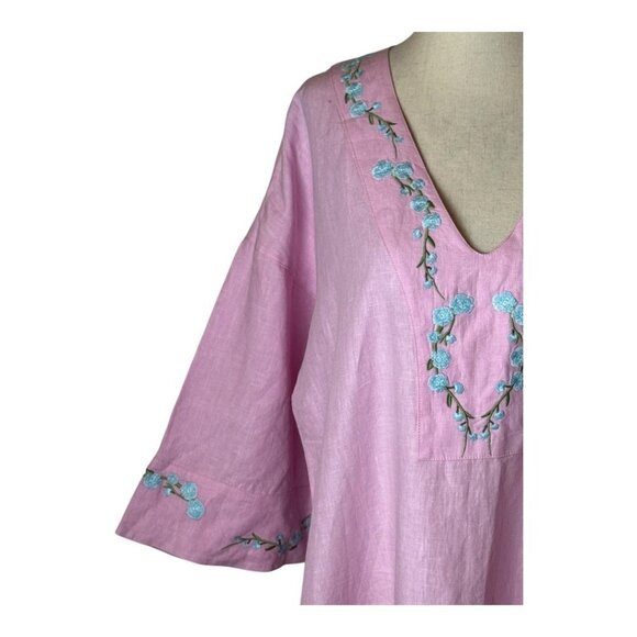 Fanm Mon x Andie Dress Women Small Pink Linen Embroidered The Kepez Kaftan Maxi - Picture 7 of 15